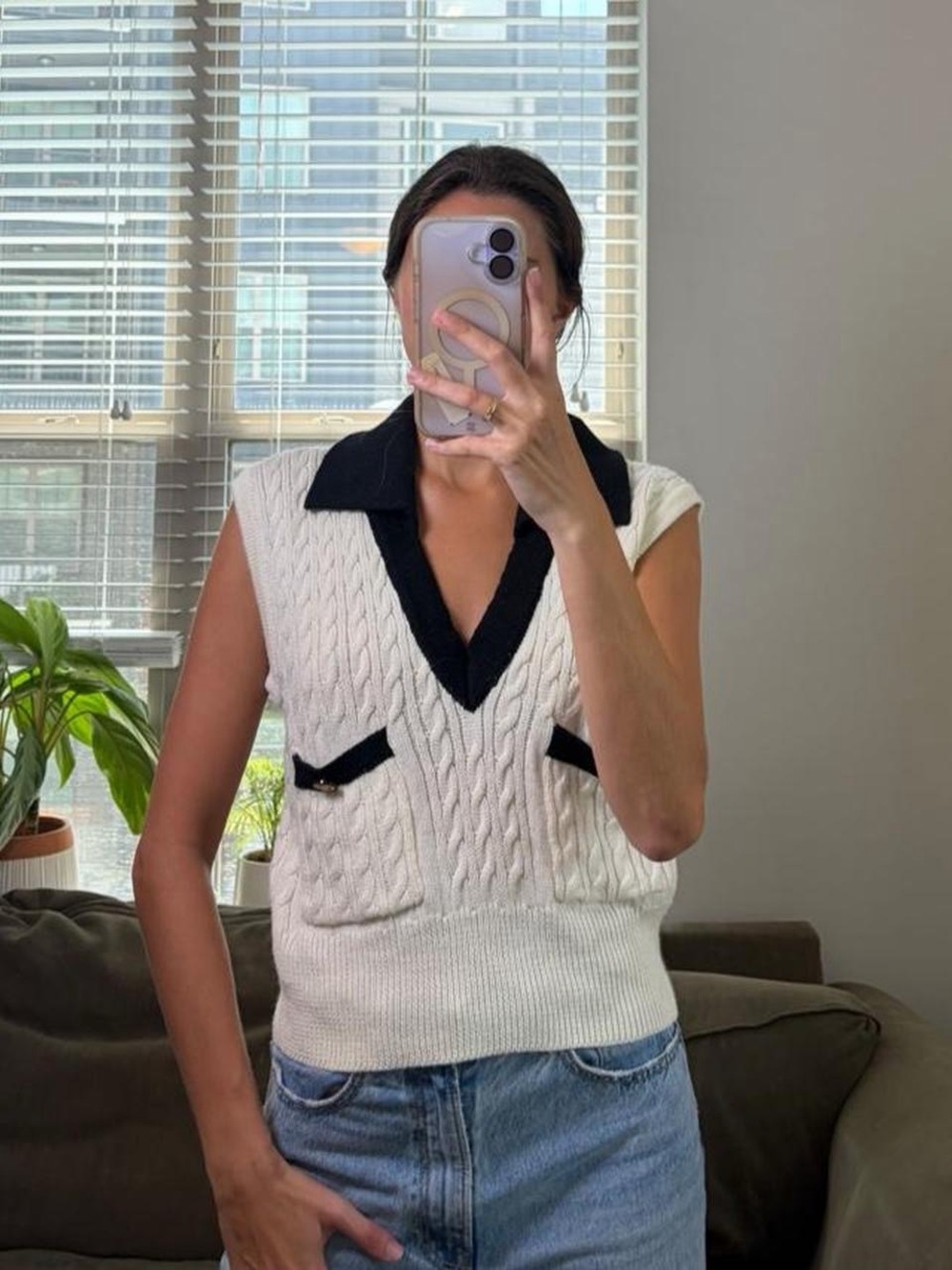 Bishop + young cream and black wool blend cable knit vest